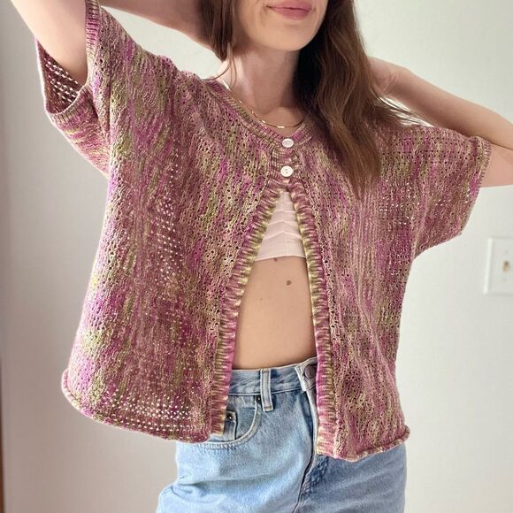 JH COLLECTIBLES Women’s Crochet Knit Cardigan Crop Top Pink Green Sweater 1X - Picture 2 of 13